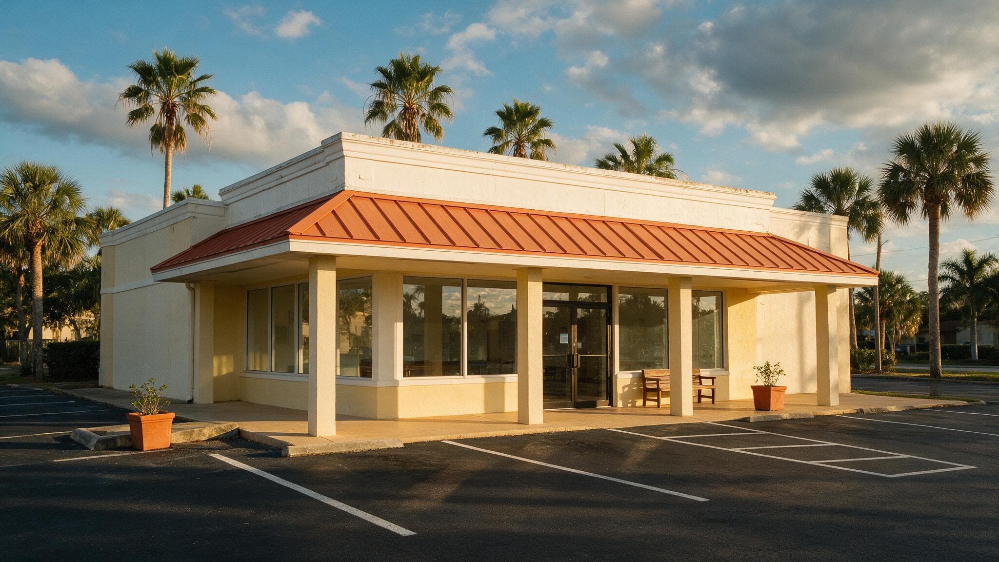 A single-storey storefront church unit in a Florida strip plaza, with a covered walkway and palm trees, in late afternoon light