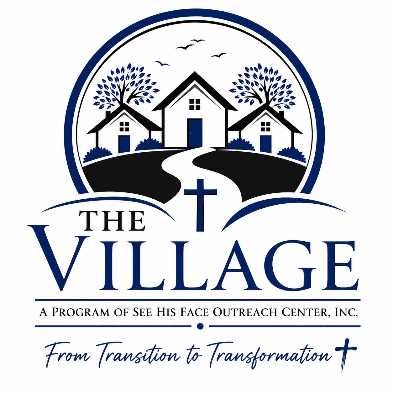 The Village logo: three houses along a path beneath a cross, above the line From Transition to Transformation