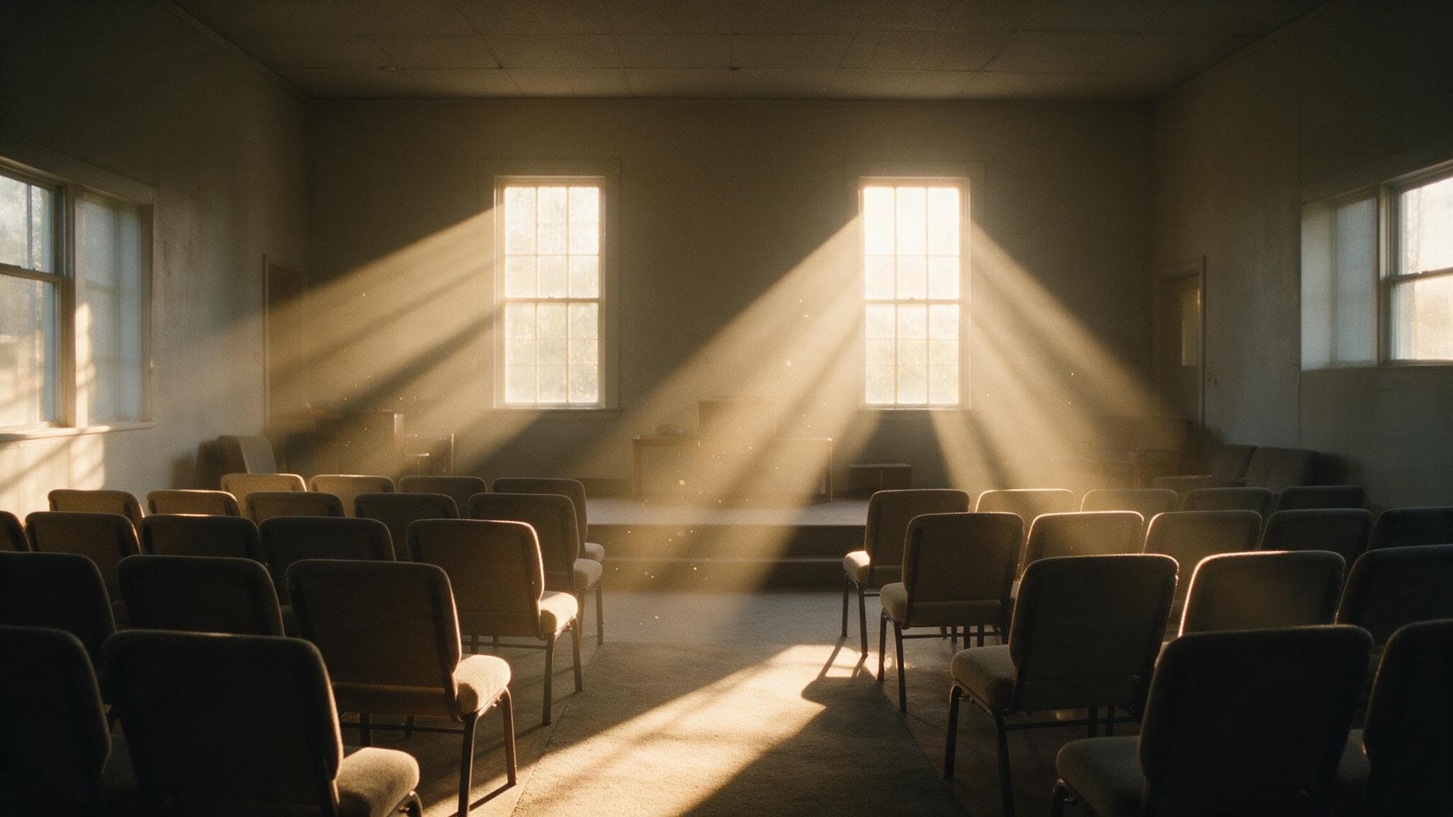 Morning light falling across rows of empty chairs in a quiet church sanctuary