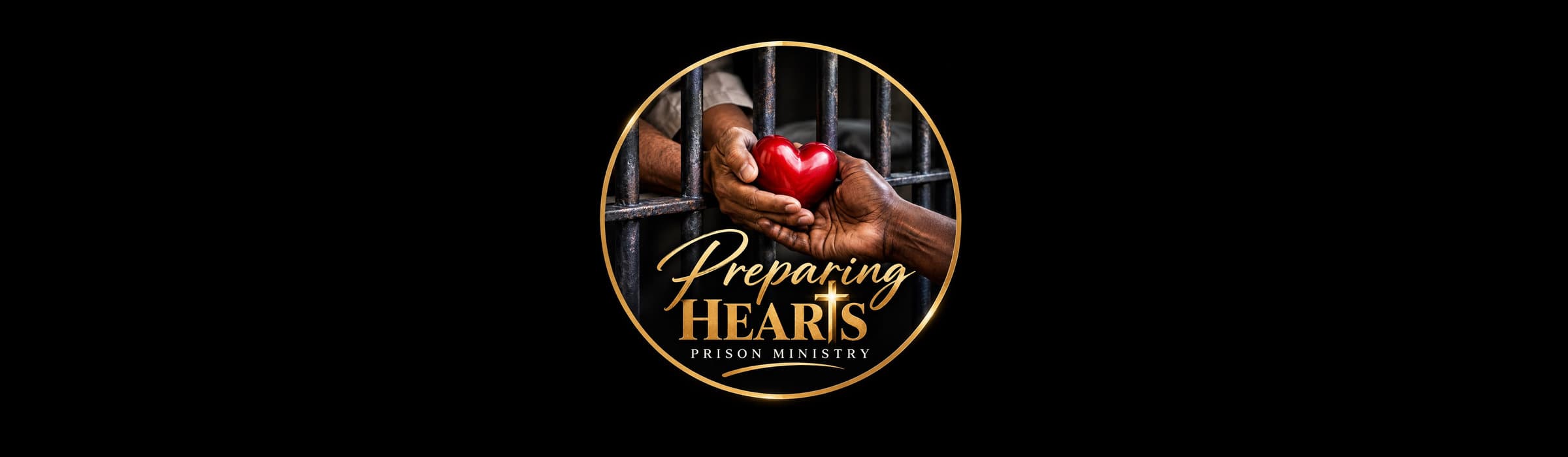 Preparing Hearts Prison Ministry logo: two hands holding a red heart through prison bars, inside a gold circle