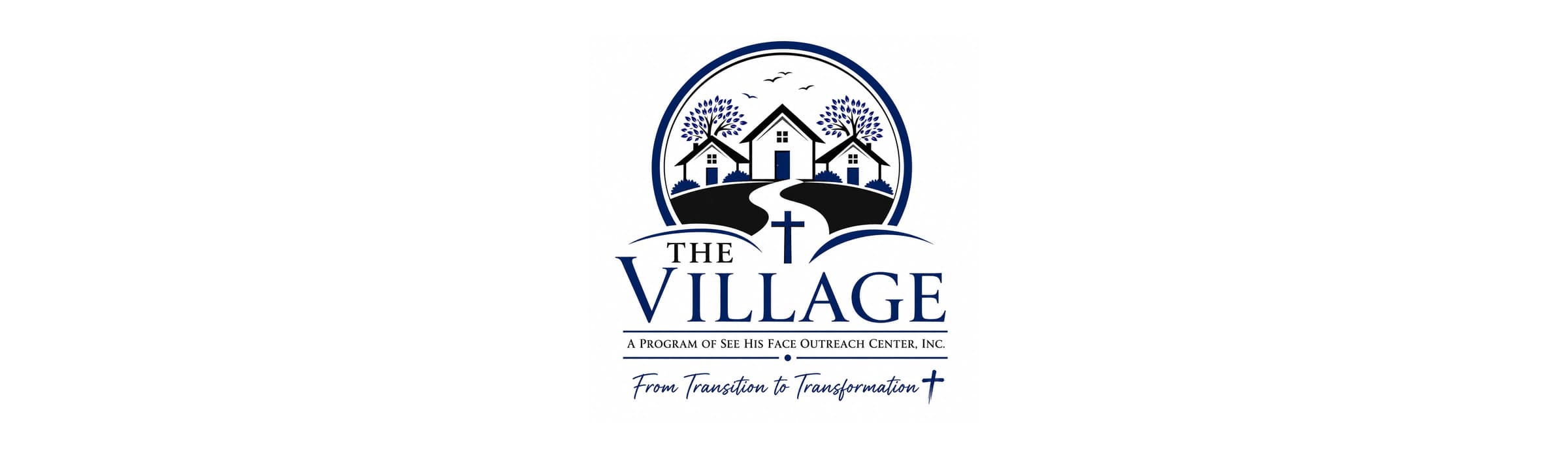 The Village logo: three houses along a path beneath a cross, above the line From Transition to Transformation